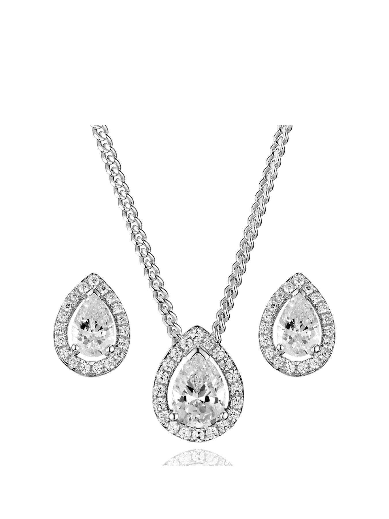 Beaverbrooks Silver Cubic Zirconia Pear Halo Pendant and Stud Earring Set