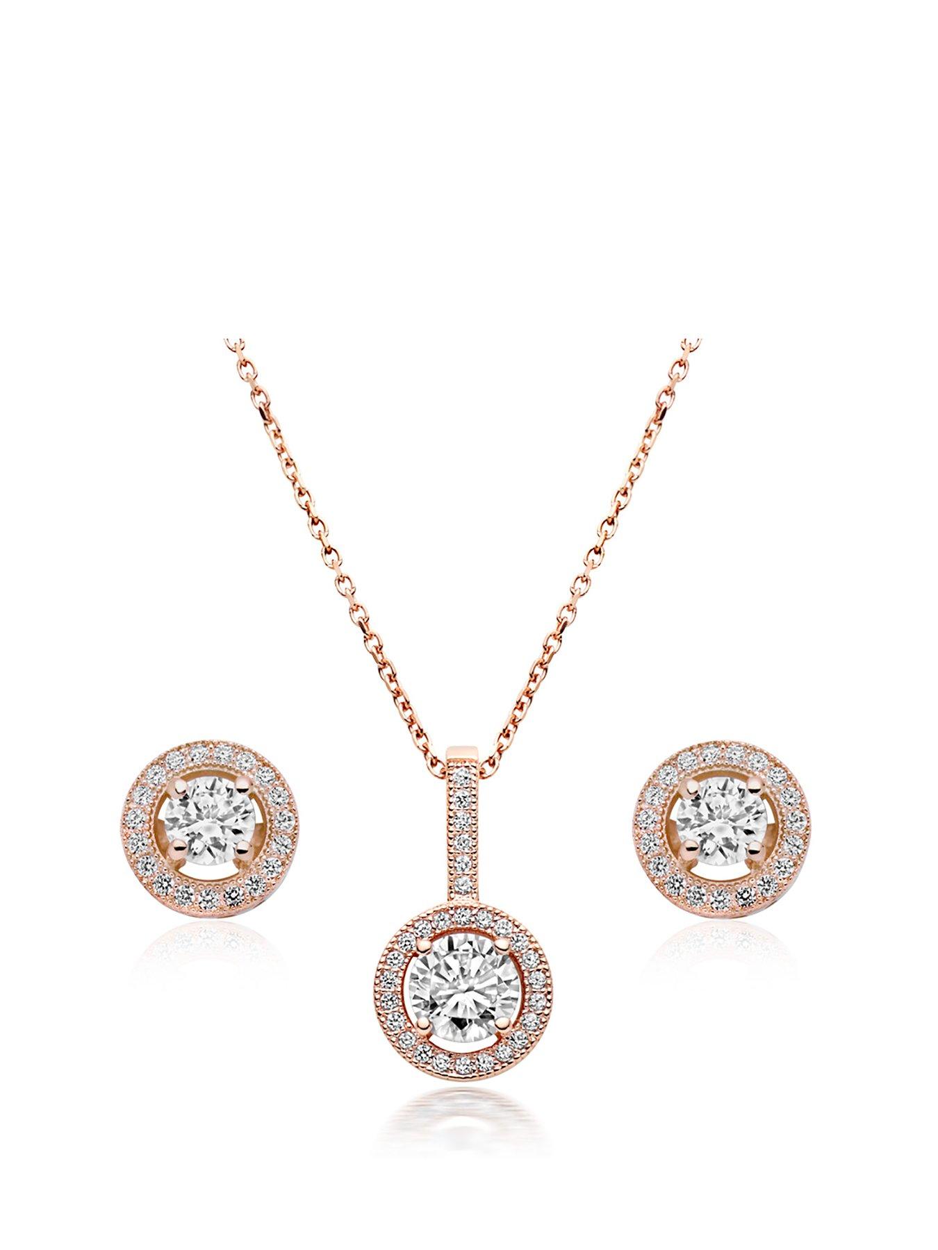  Silver Rose Gold Plated Cubic Zirconia Pendant and Stud Earring Set