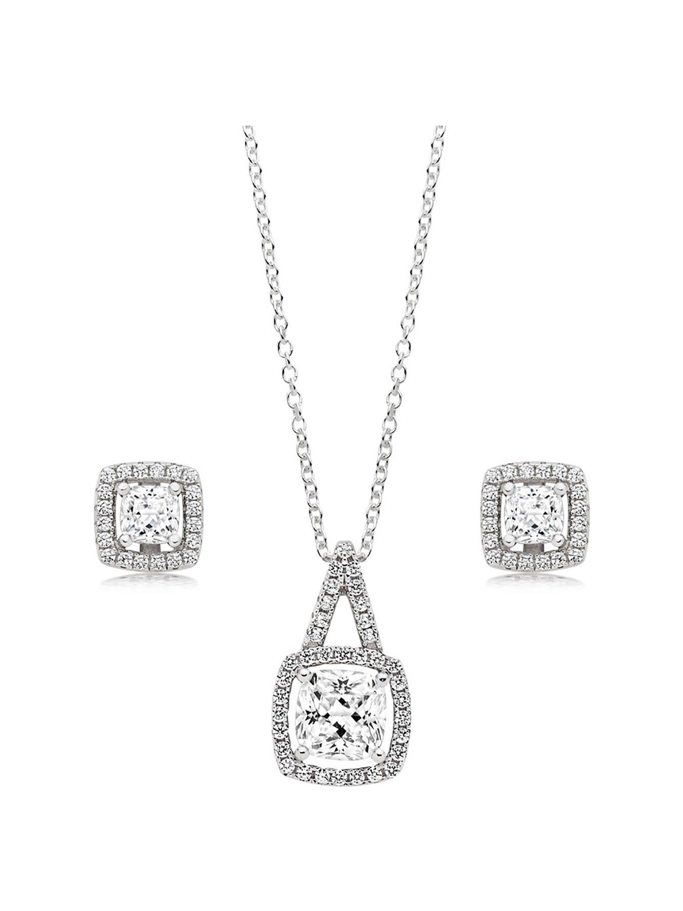 Jewellery & watches Silver Cubic Zirconia Square Halo Pendant and Earrings Set