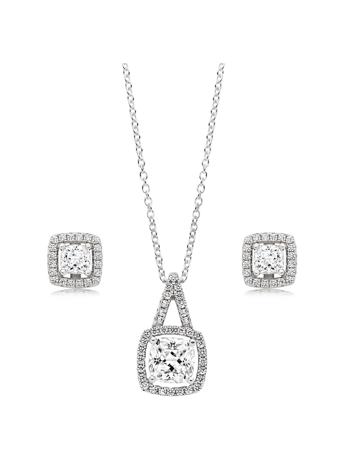 Beaverbrooks Silver Cubic Zirconia Square Halo Pendant and Earrings Set