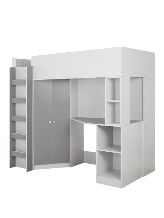 front image of miami-fresh-high-sleeper-bed-with-desk-wardrobe-and-shelves-grey