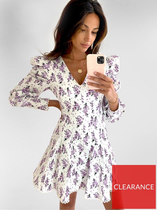 front image of michelle-keegan-premium-lace-trim-skater-dress-floral-print