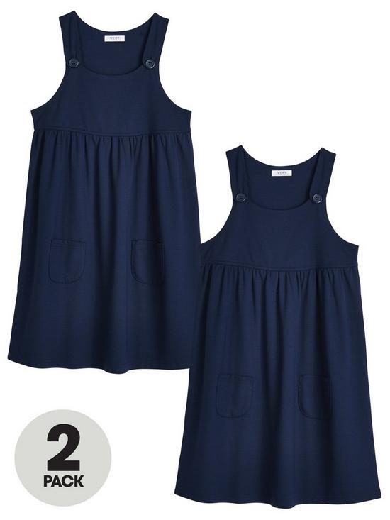 front image of v-by-very-girls-2-pack-jersey-school-pinafore-navy