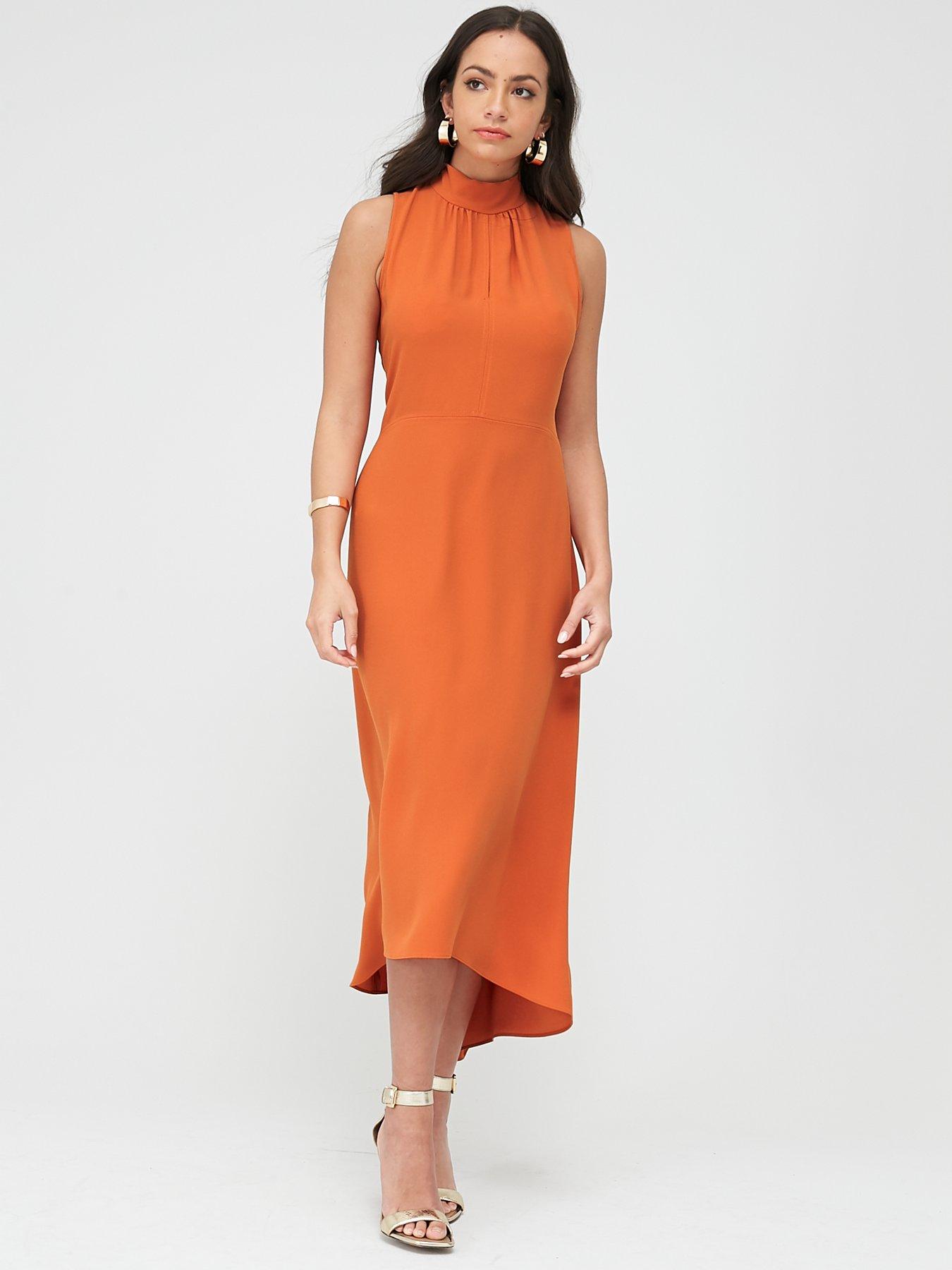 high neck orange dress