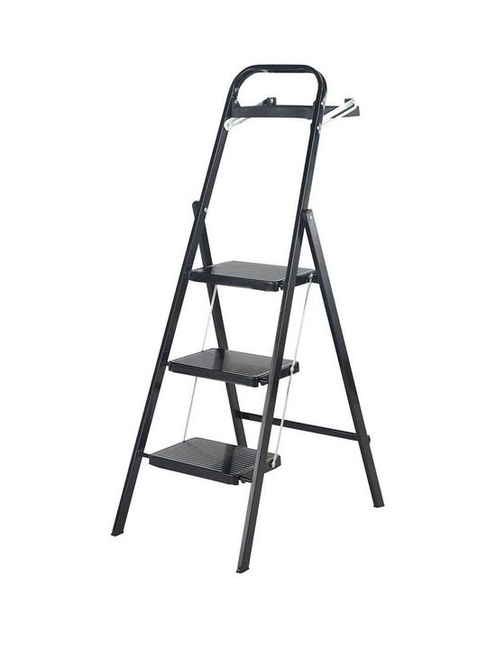 front image of werner-3-tread-black-stepstool-with-tool-tray