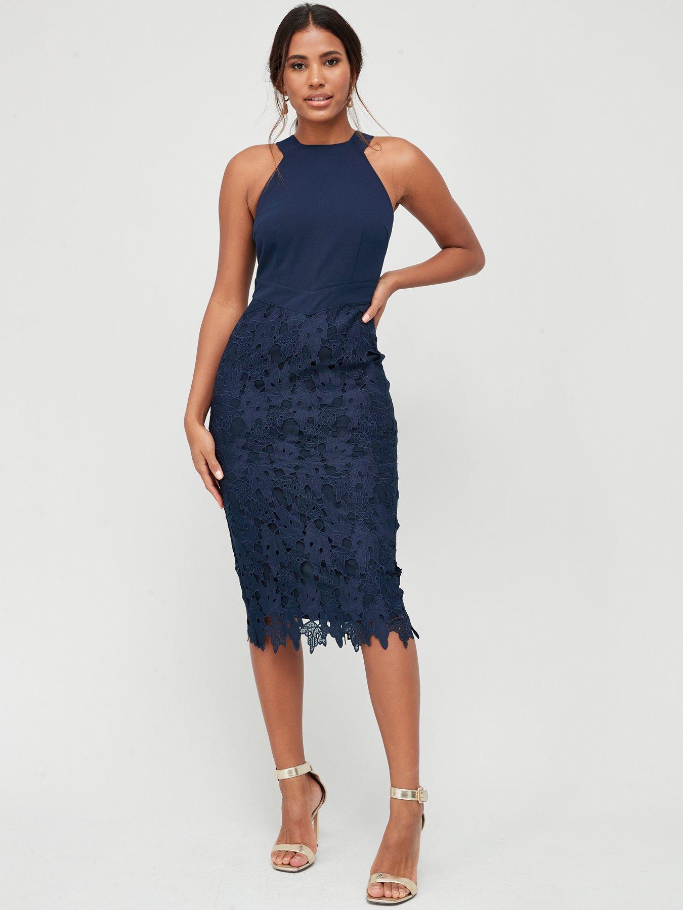 navy midi lace dress