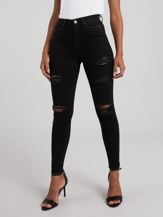 front image of v-by-very-ella-high-waist-open-rips-skinny-jean-black