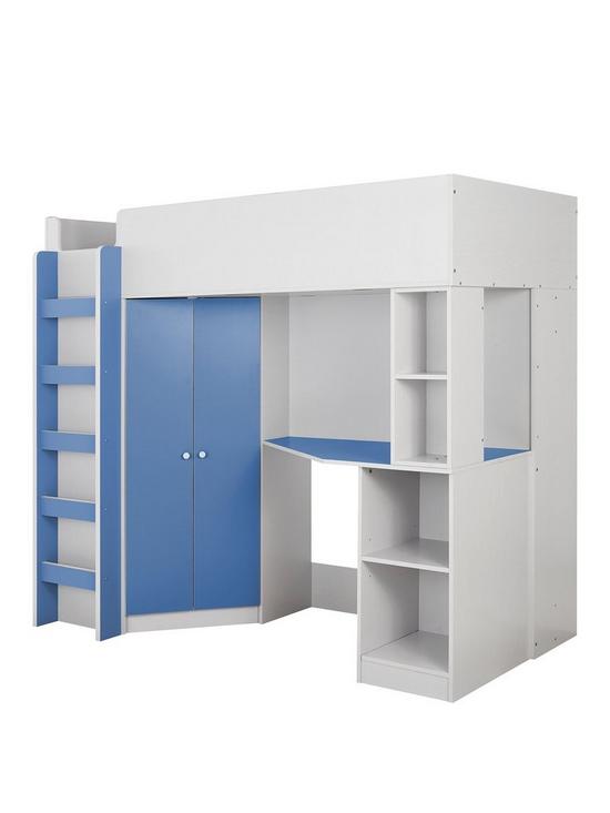 front image of miami-fresh-high-sleeper-bed-with-desk-wardrobe-and-shelves-blue