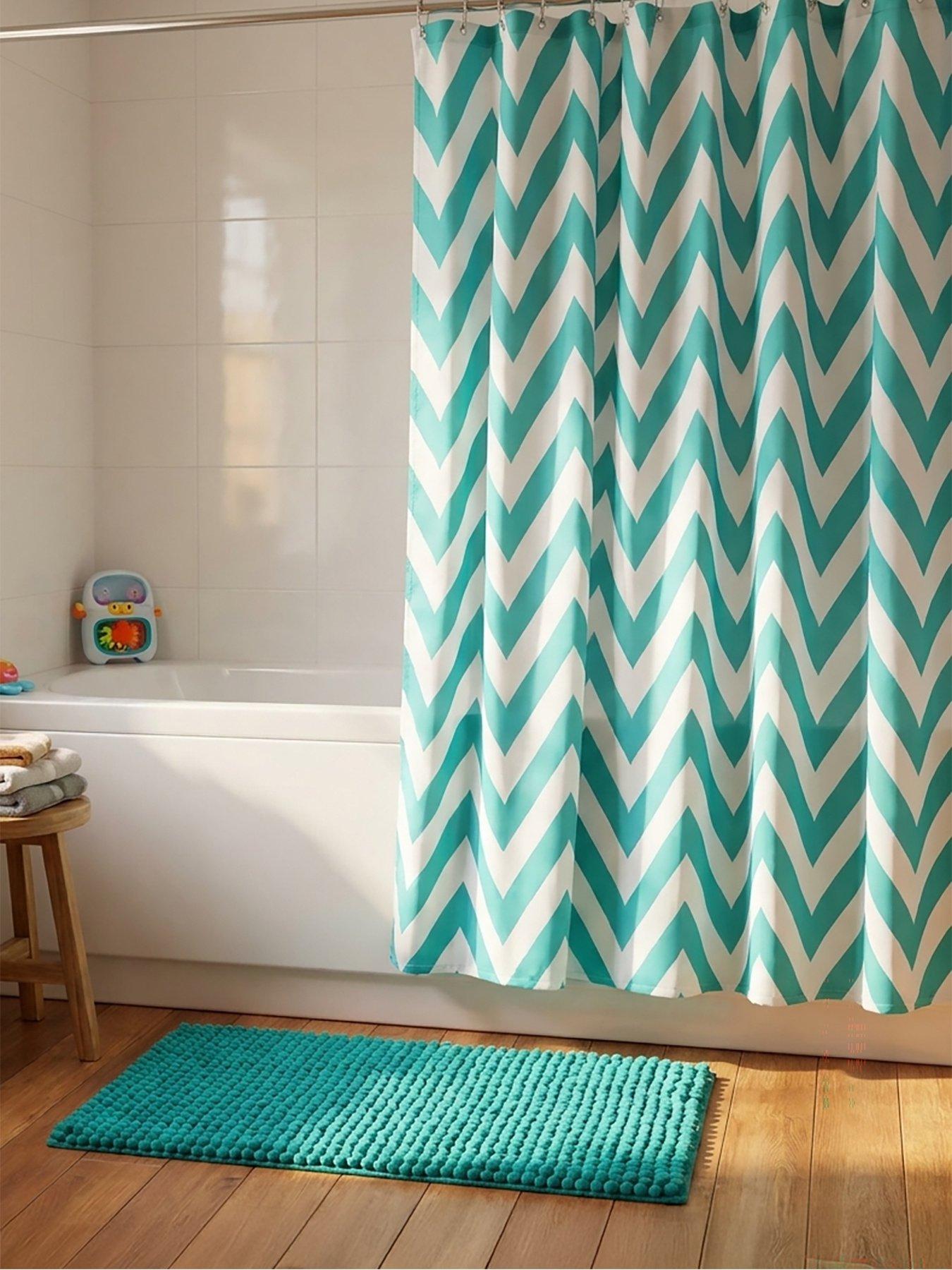 Image 1 of 6 of Croydex Chevron Shower Curtain and Bathmat Set &ndash; Aqua