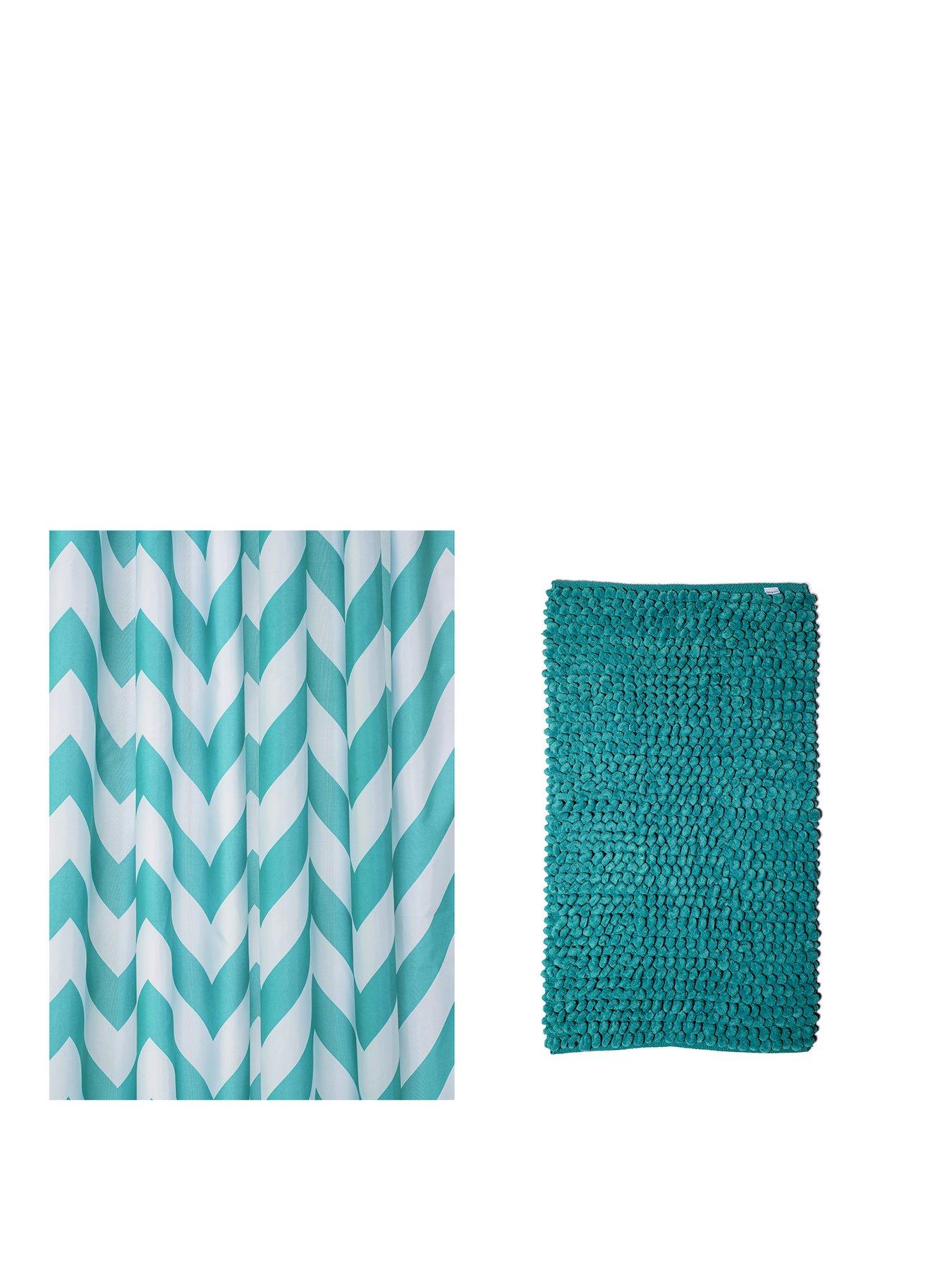 Image 1 of 6 of Croydex Chevron Shower Curtain and Bathmat Set &ndash; Aqua
