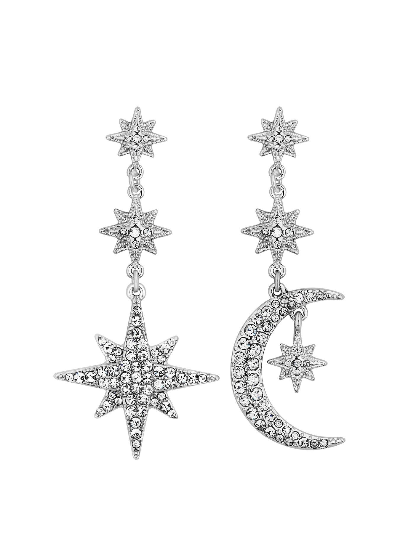 Mood Silver Plated Crystal Celestial Star and Moon Drop Earrings