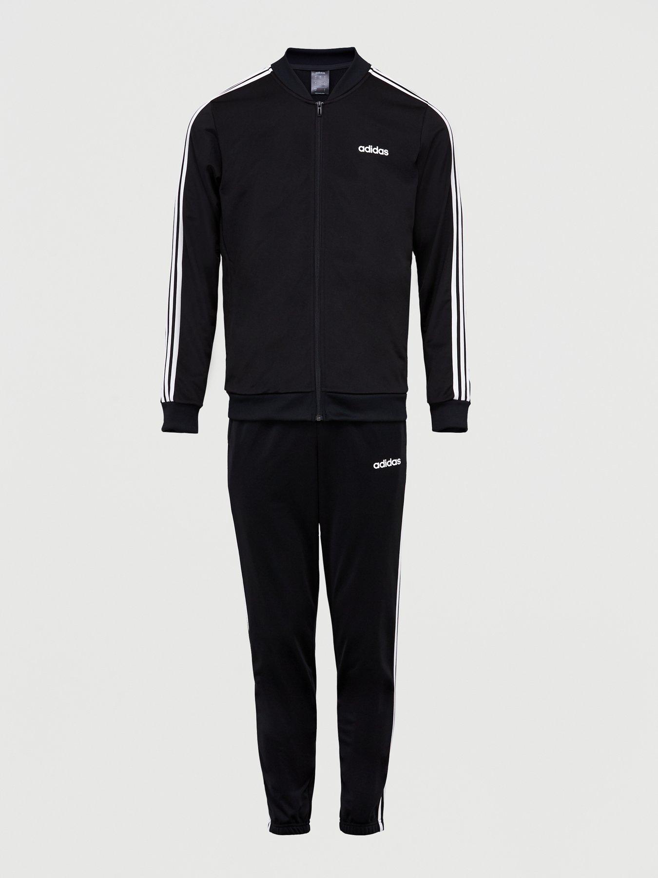 black adidas tracksuit with white stripes