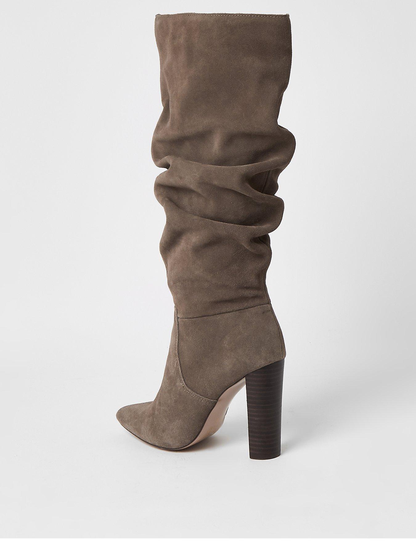 grey suede knee high heel boots
