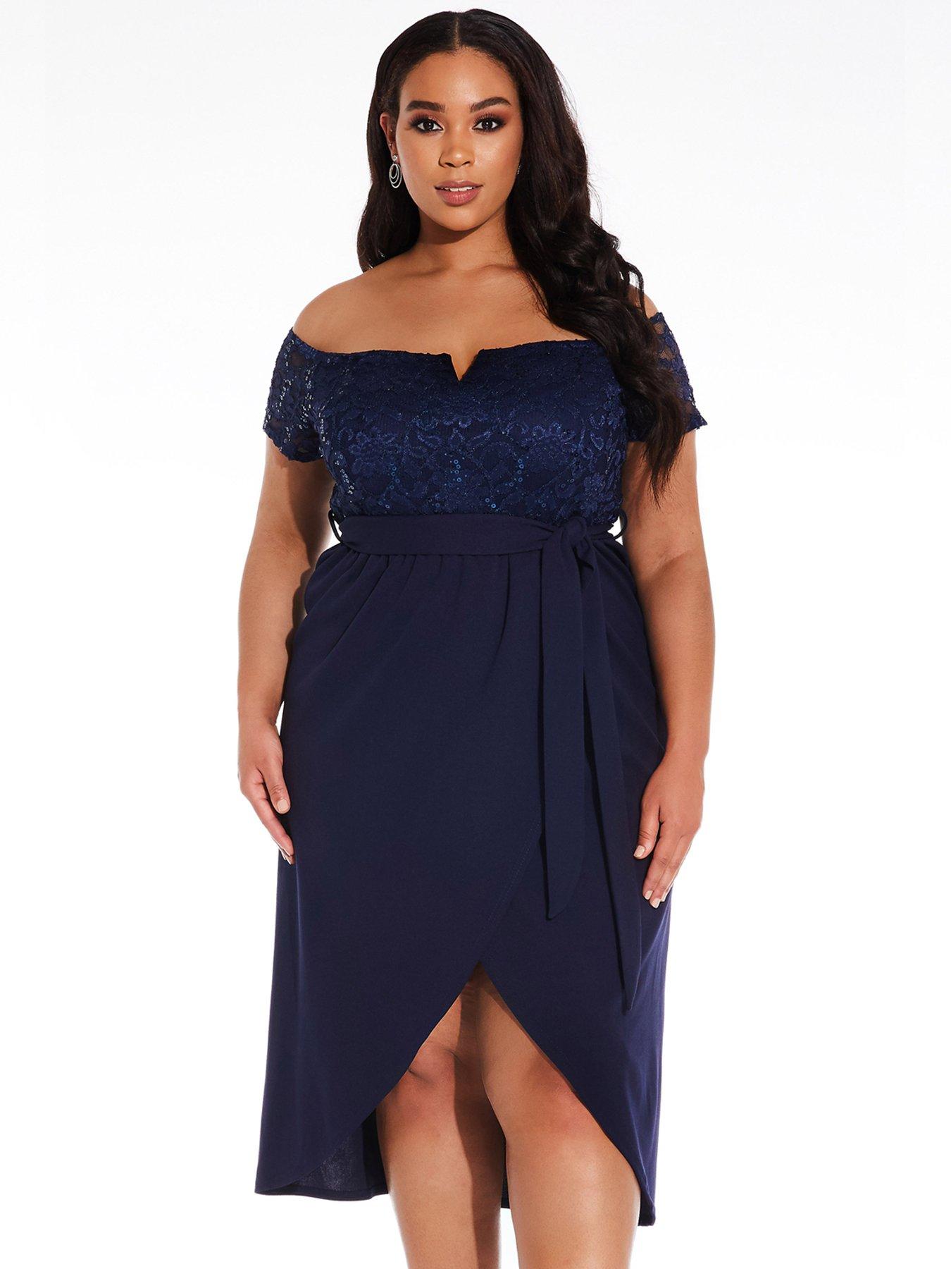 quiz navy and silver lace dip hem dress