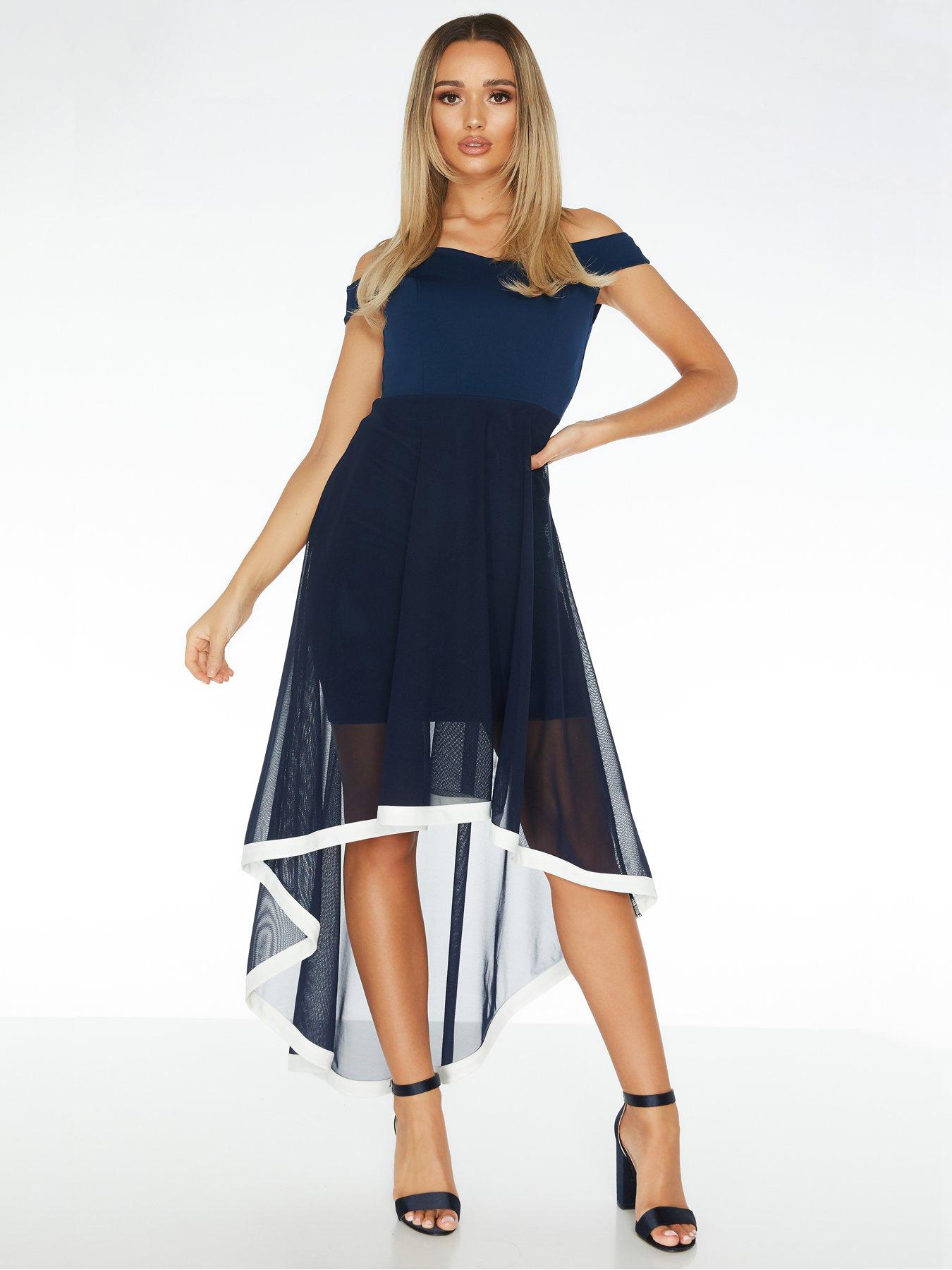 quiz navy and silver lace dip hem dress