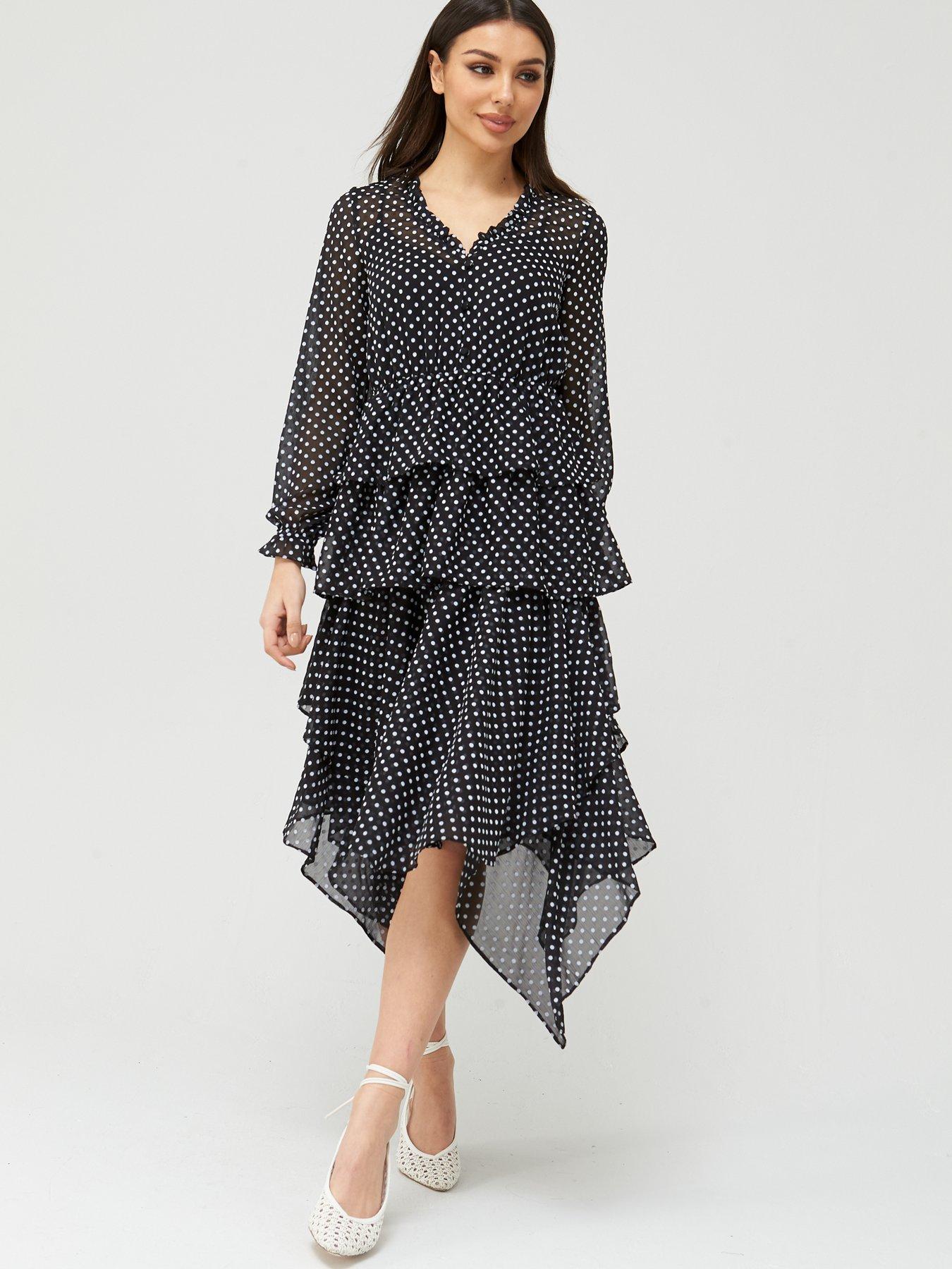 Women Long Sleeve Dress O-Neck Floral Print Polka Dot Skirt Floor Length Casual