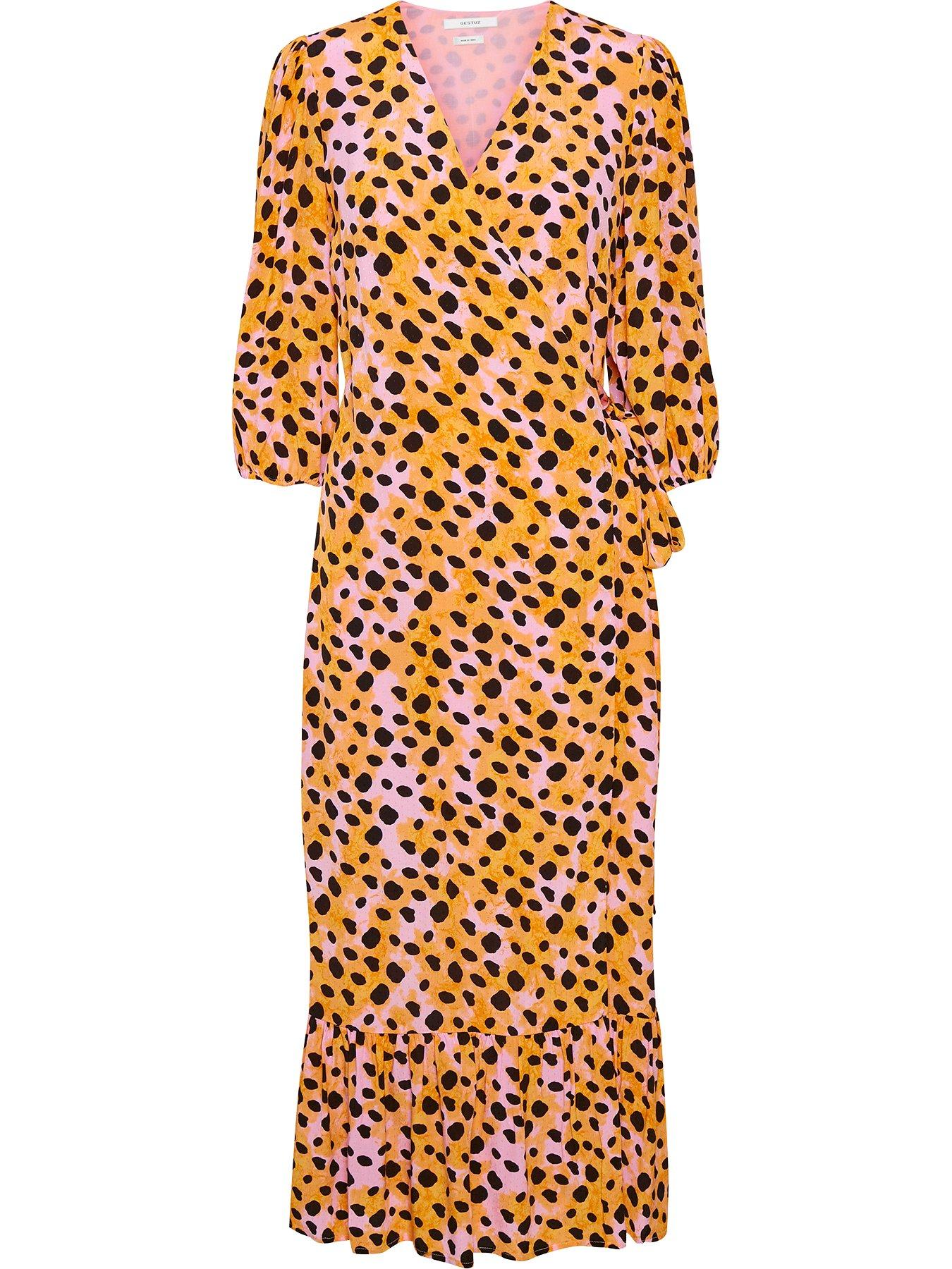 Gestuz Uriel Leopard Print Midi Wrap Dress Cropped Sleeves Pink Lining SIZE 12