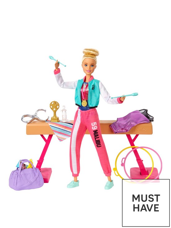 front image of barbie-gymnastics-doll-and-playset-with-twirling-feature-balance-beam-15-accessories