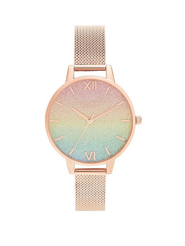 Rainbow Glitter Dial and Rose Gold Mesh Bracelet Watch