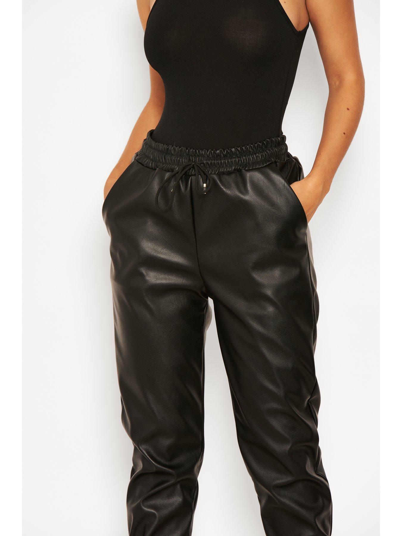 black faux leather joggers