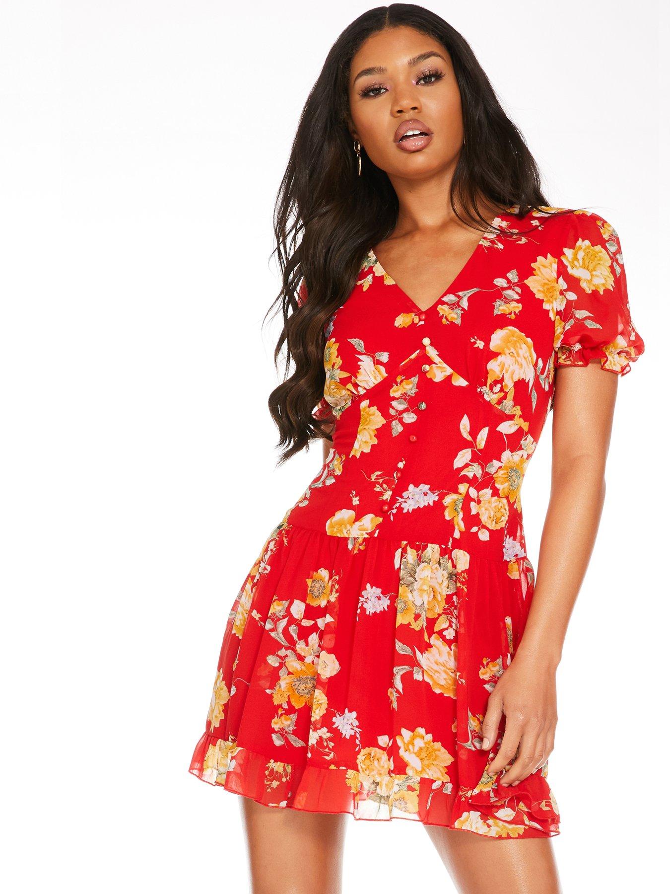 red and yellow floral dress