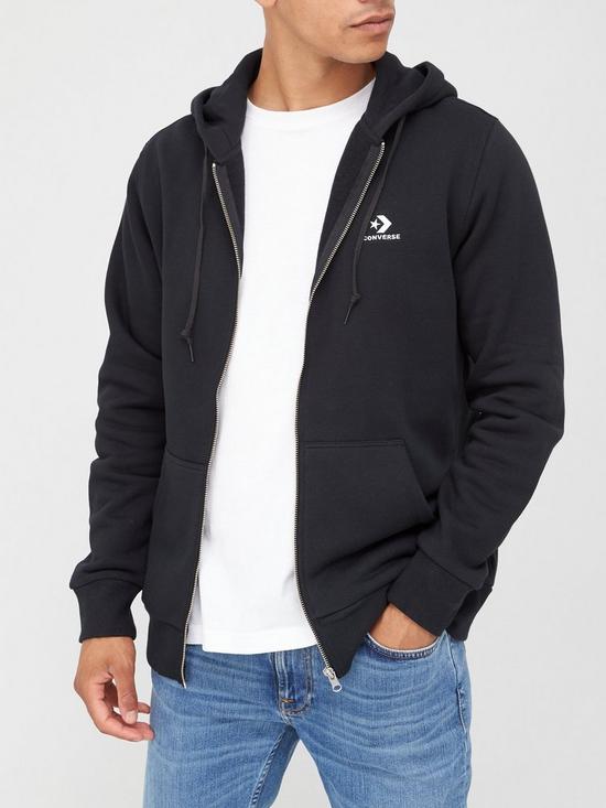 front image of converse-embroidered-star-chevron-full-zip-hoodie-black