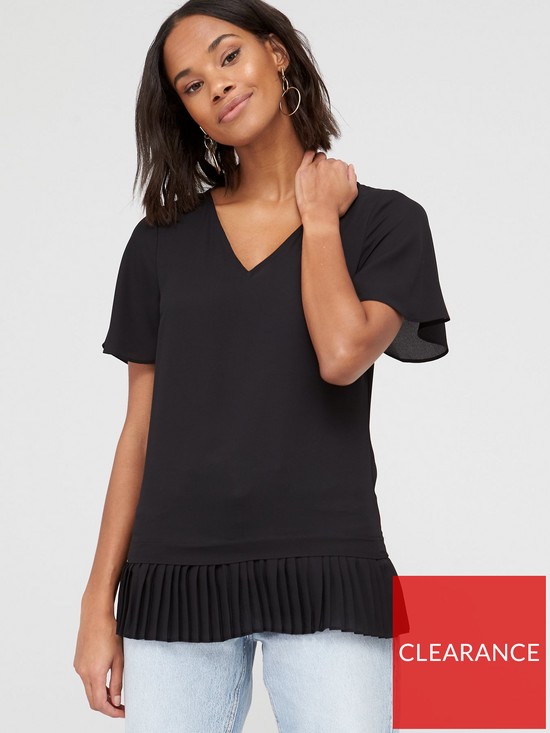 front image of v-by-very-pleated-hem-fluted-short-sleeve-top-black