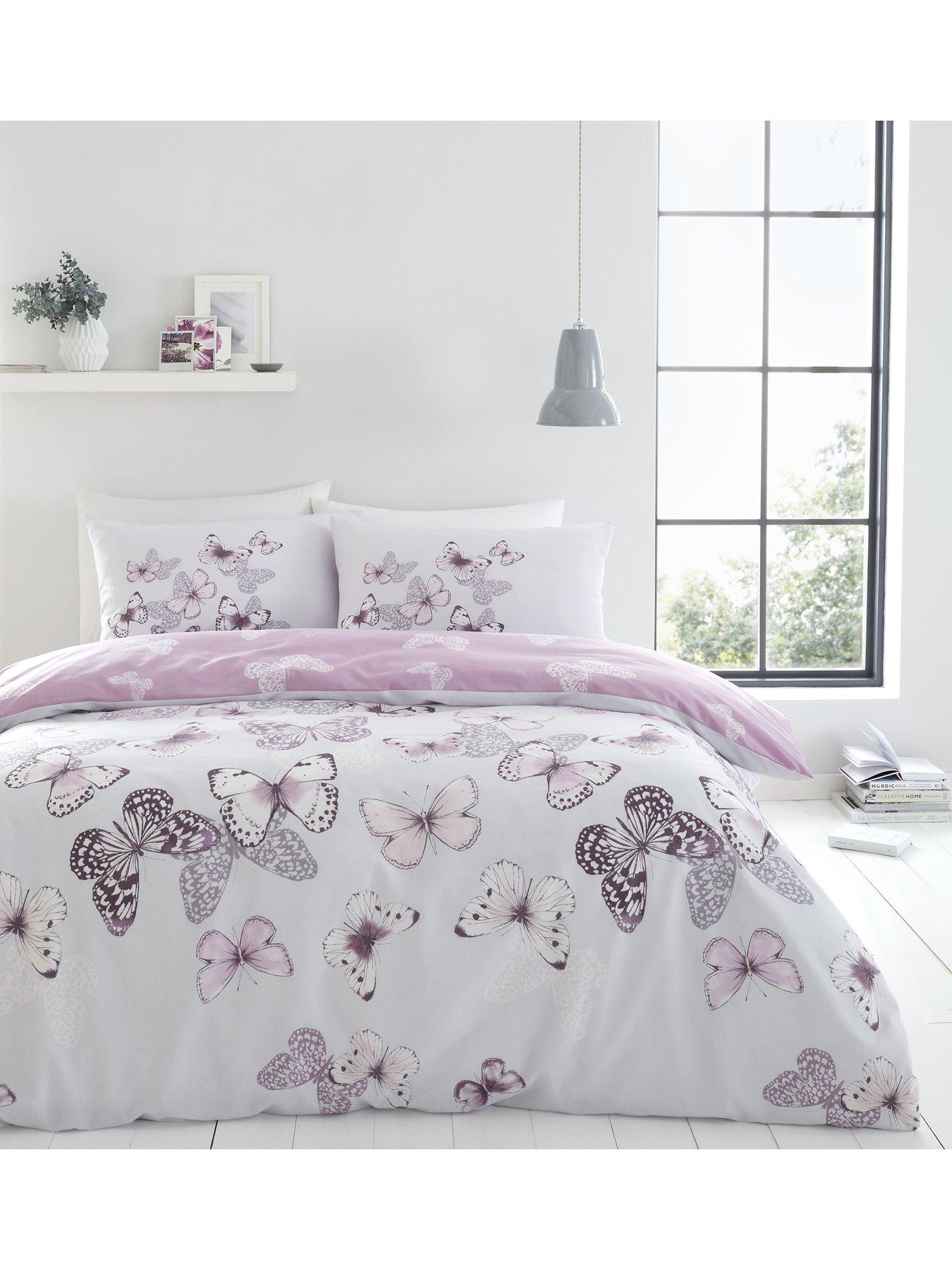 Bedroom Bedding White Purple Butterfly Reversible Duvet Cover Set