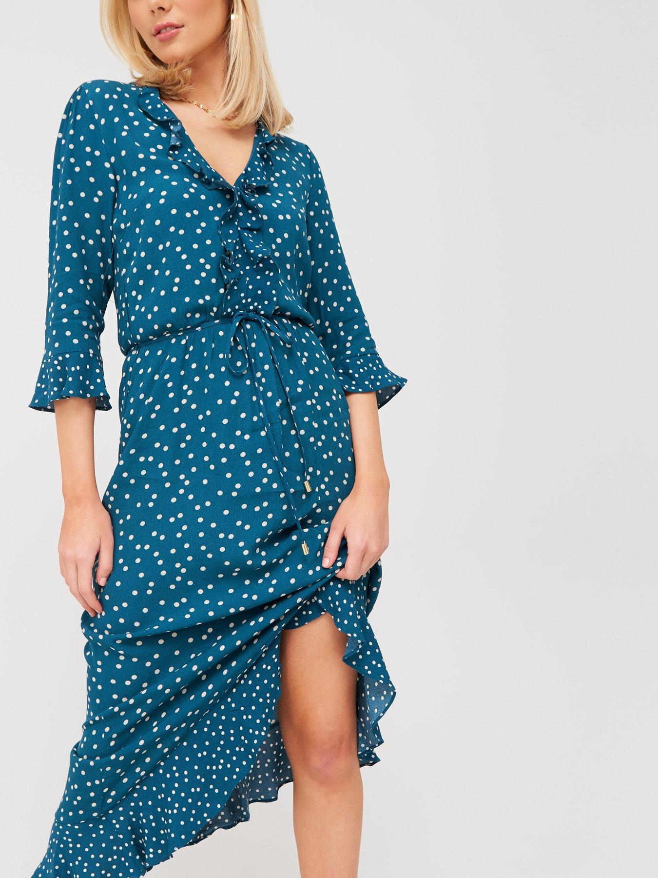 oasis green spot high neck midi dress