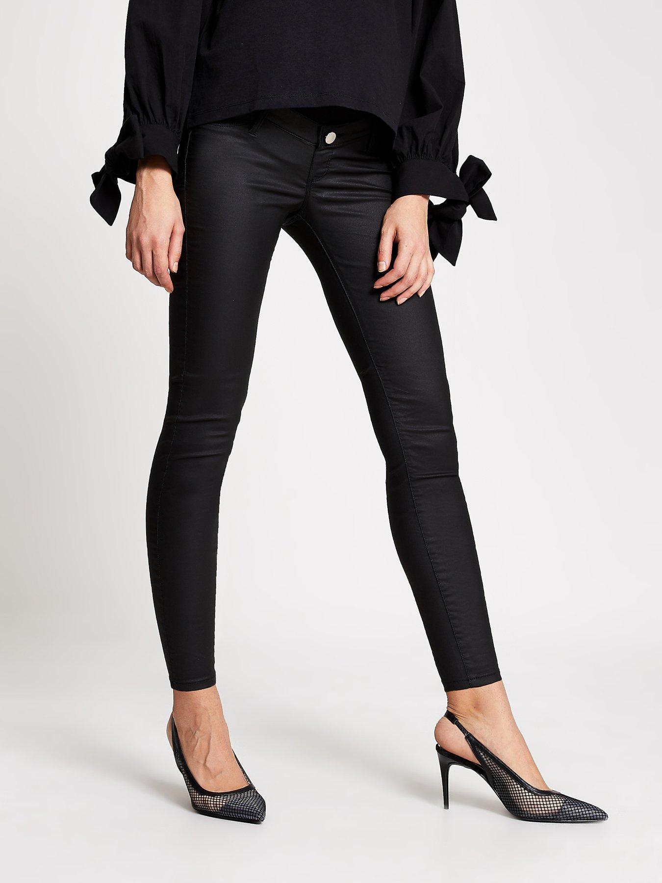 Women/'s Leather Look Jeans Low Cut Black Biker Skinny Jeans Size 12 UK SELLER