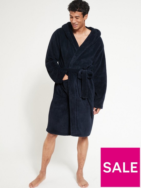 front image of everyday-supersoft-dressing-gown-with-hood-navy