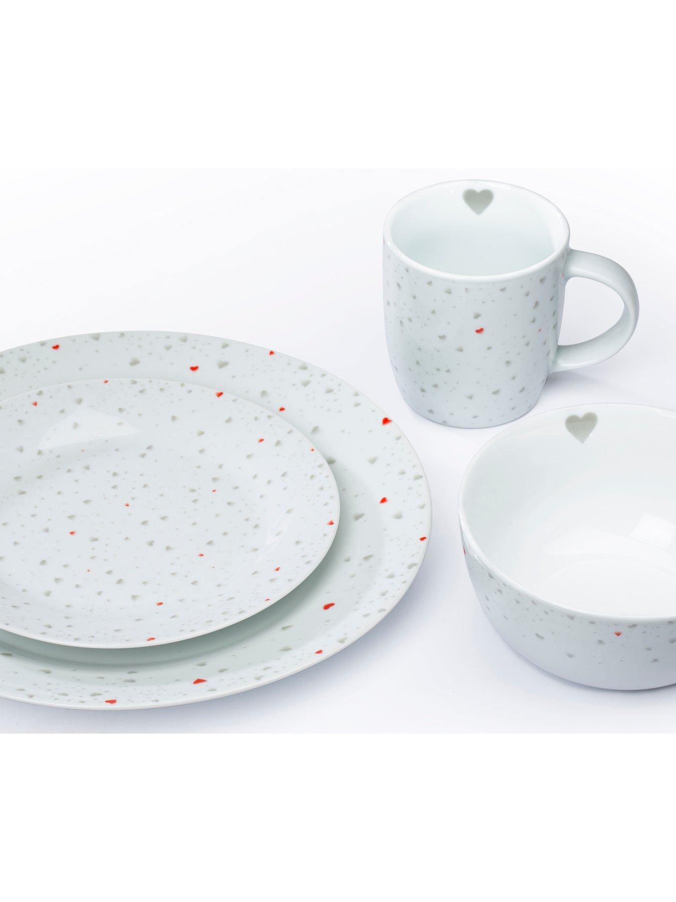 WATERSIDE 16 Piece Grey and Red Heart Dinner Set very