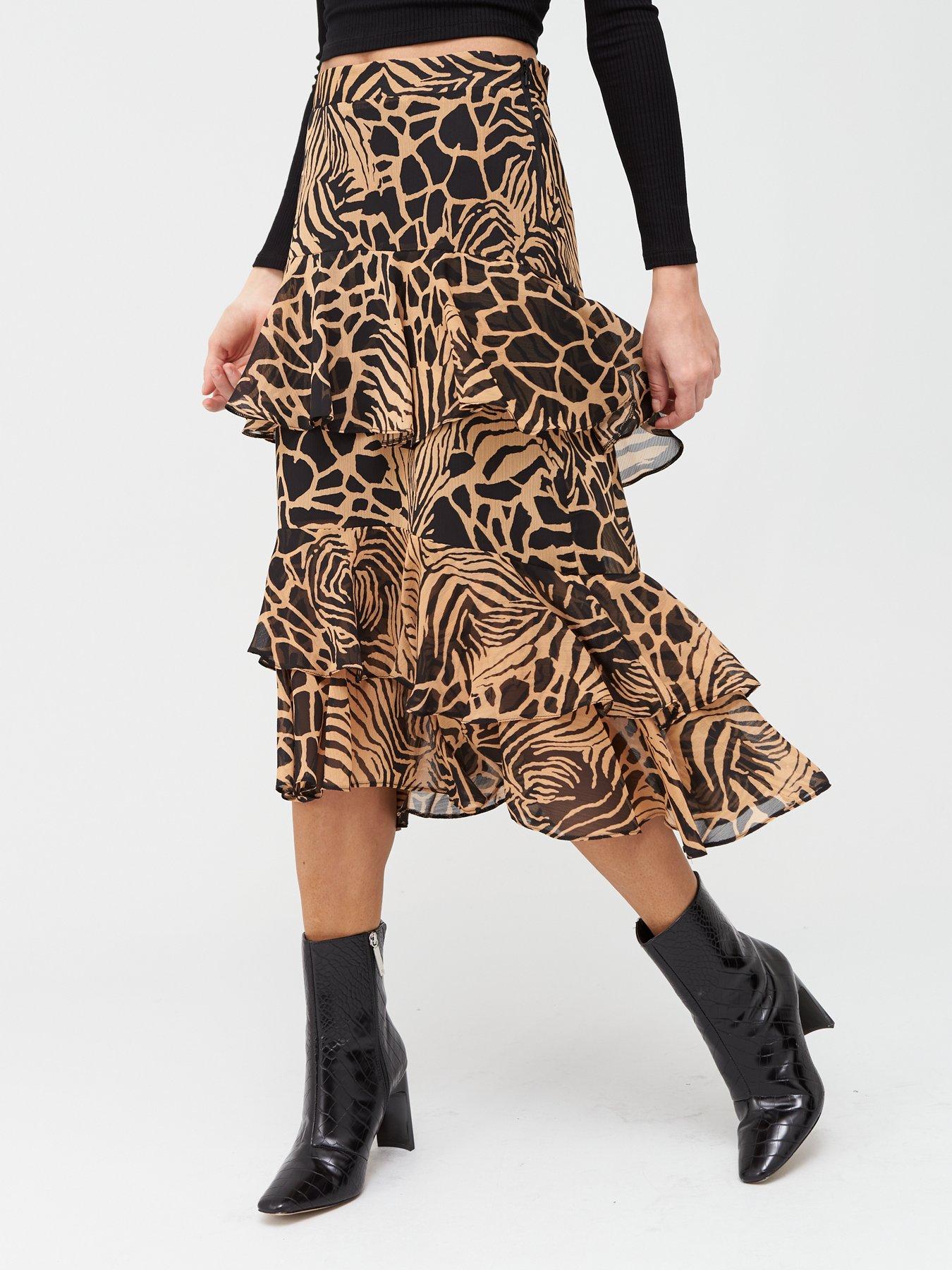 animal print tiered chiffon midi skirt