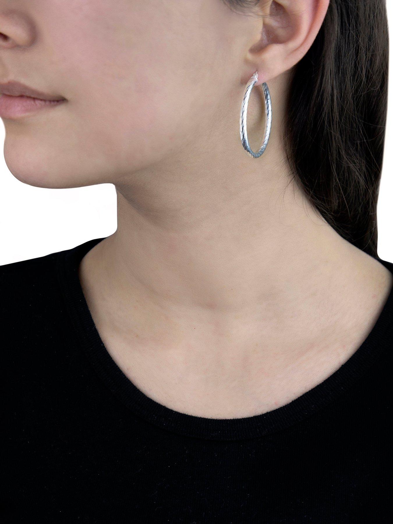 Women Sterling Silver 35mm Twist Hoop Earrings