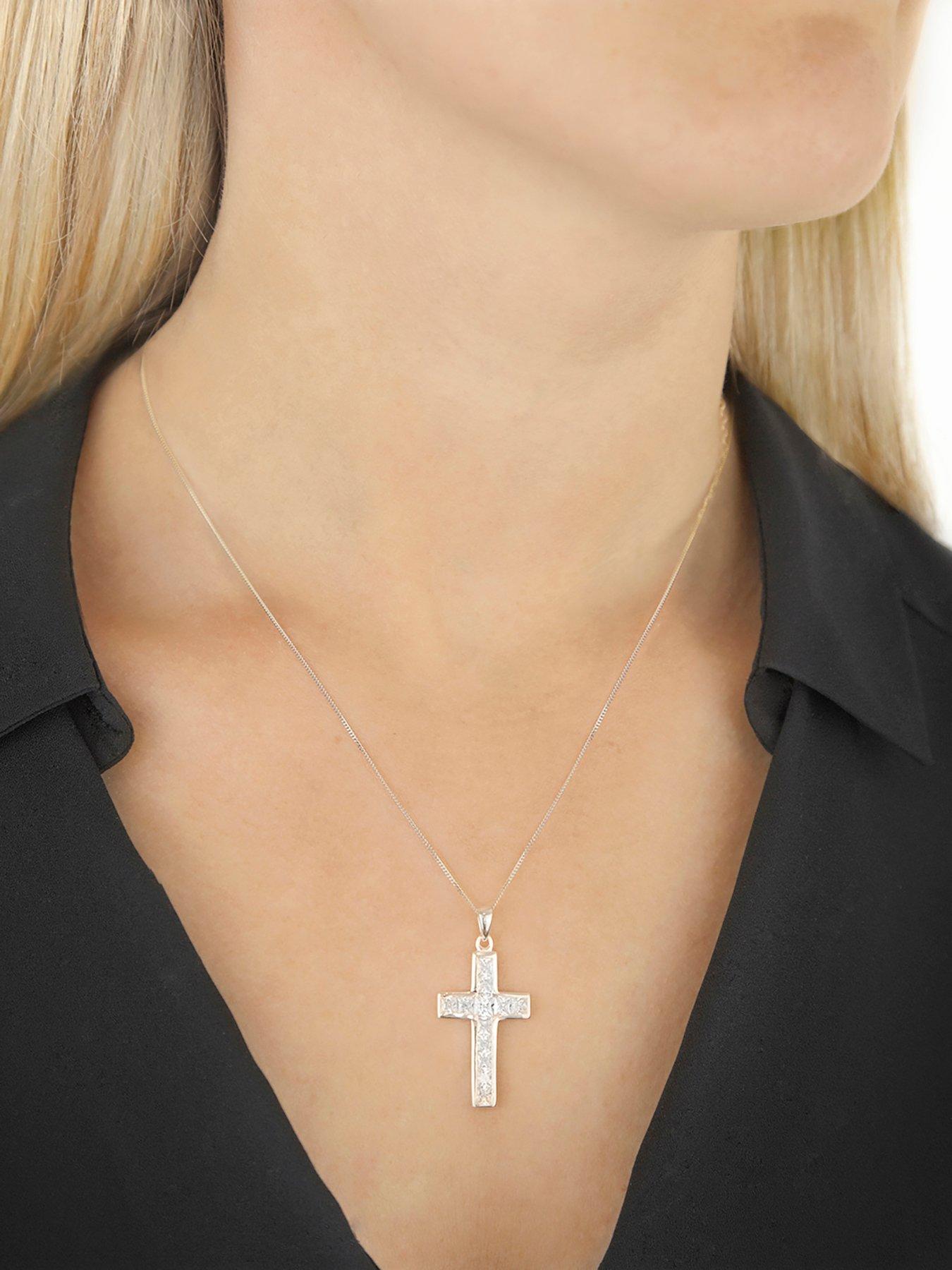  Sterling Silver Cubic Zirconia Cross Pendant Necklace
