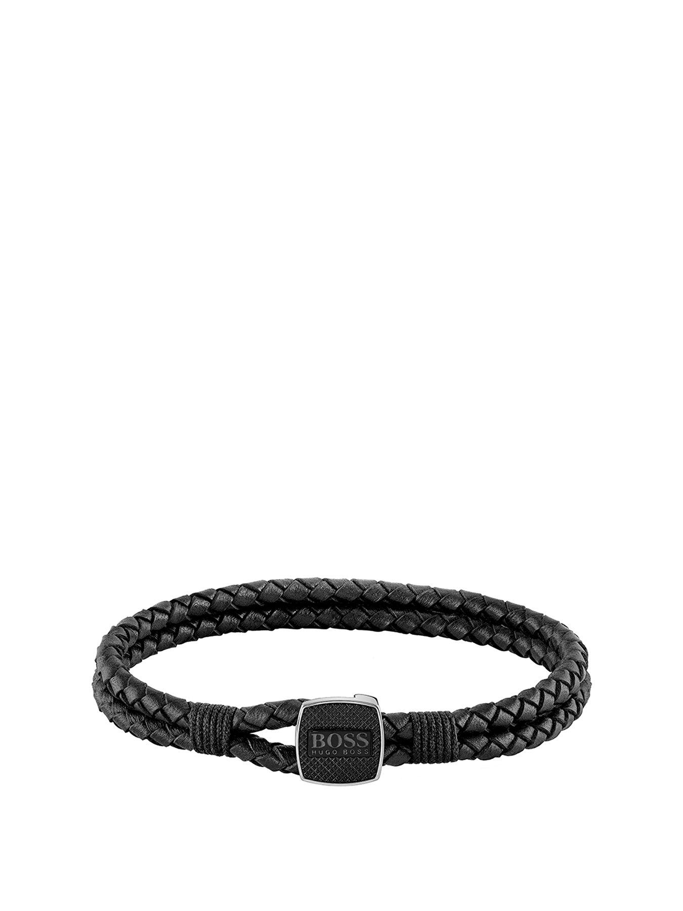 Product photograph of Boss Seal Braided Black Leather Band With Logo Stainless Steel Clasp from very.co.uk