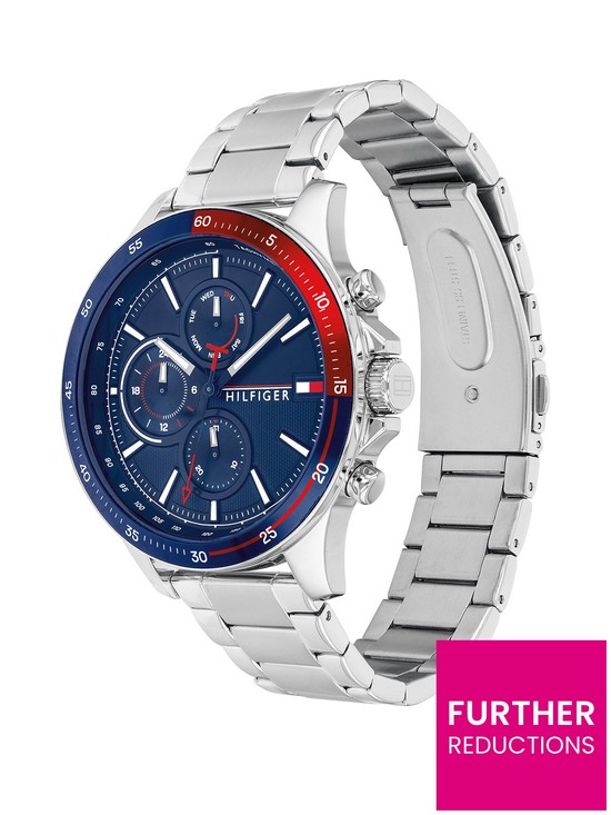 stillFront image of tommy-hilfiger-bank-stainless-steel-bracelet-navy-sunray-dial-watch