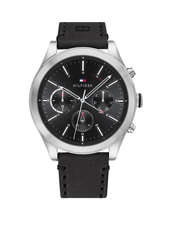 front image of tommy-hilfiger-ashton-black-leather-strap-black-sunray-dial-mens-watch
