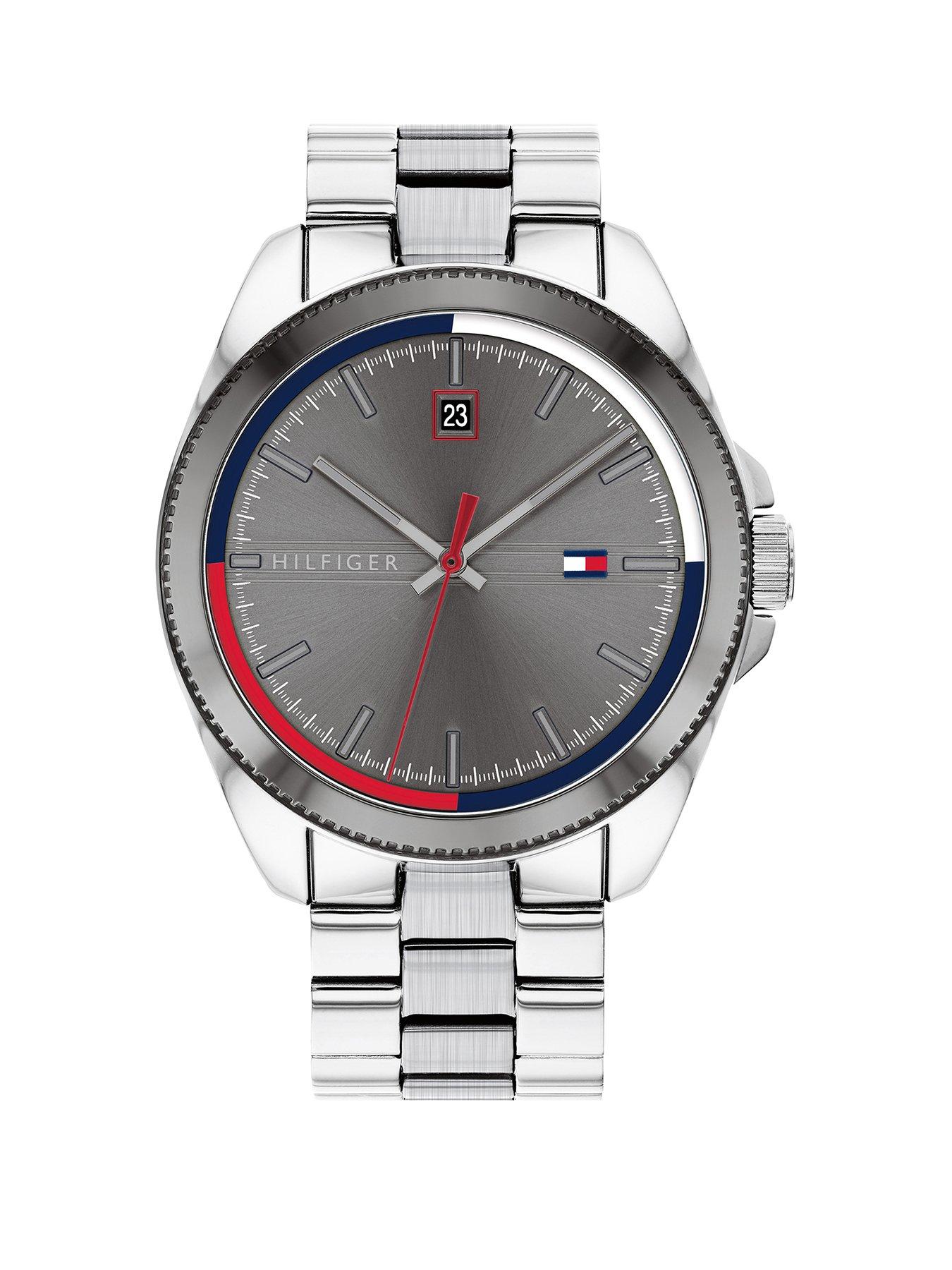 Product photograph of Tommy Hilfiger Riley Stainless Steel Bracelet Grey Sunray Dial Mens Watch from very.co.uk