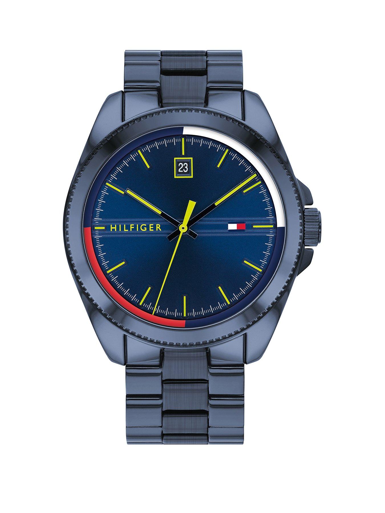 Product photograph of Tommy Hilfiger Riley Navy Stainless Steel Bracelet Blue Sunray Dial Watch from very.co.uk