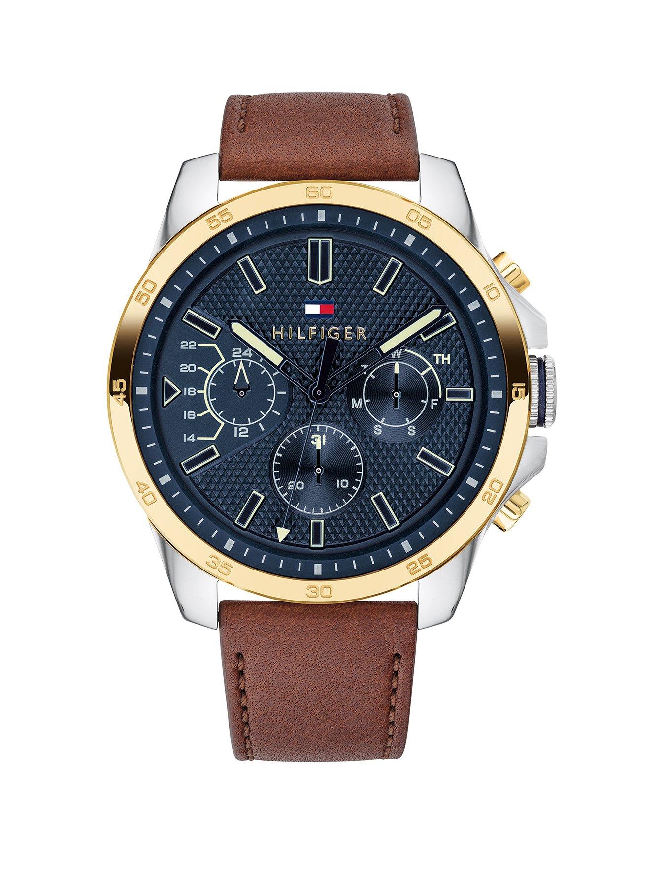 Product photograph of Tommy Hilfiger Decker Brown Leather Strap Navy Dial Watch from very.co.uk