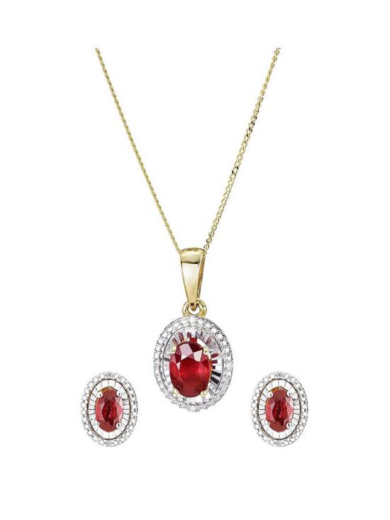 front image of love-gem-9ct-yellow-gold-treated-ruby-diamond-jewellery-set