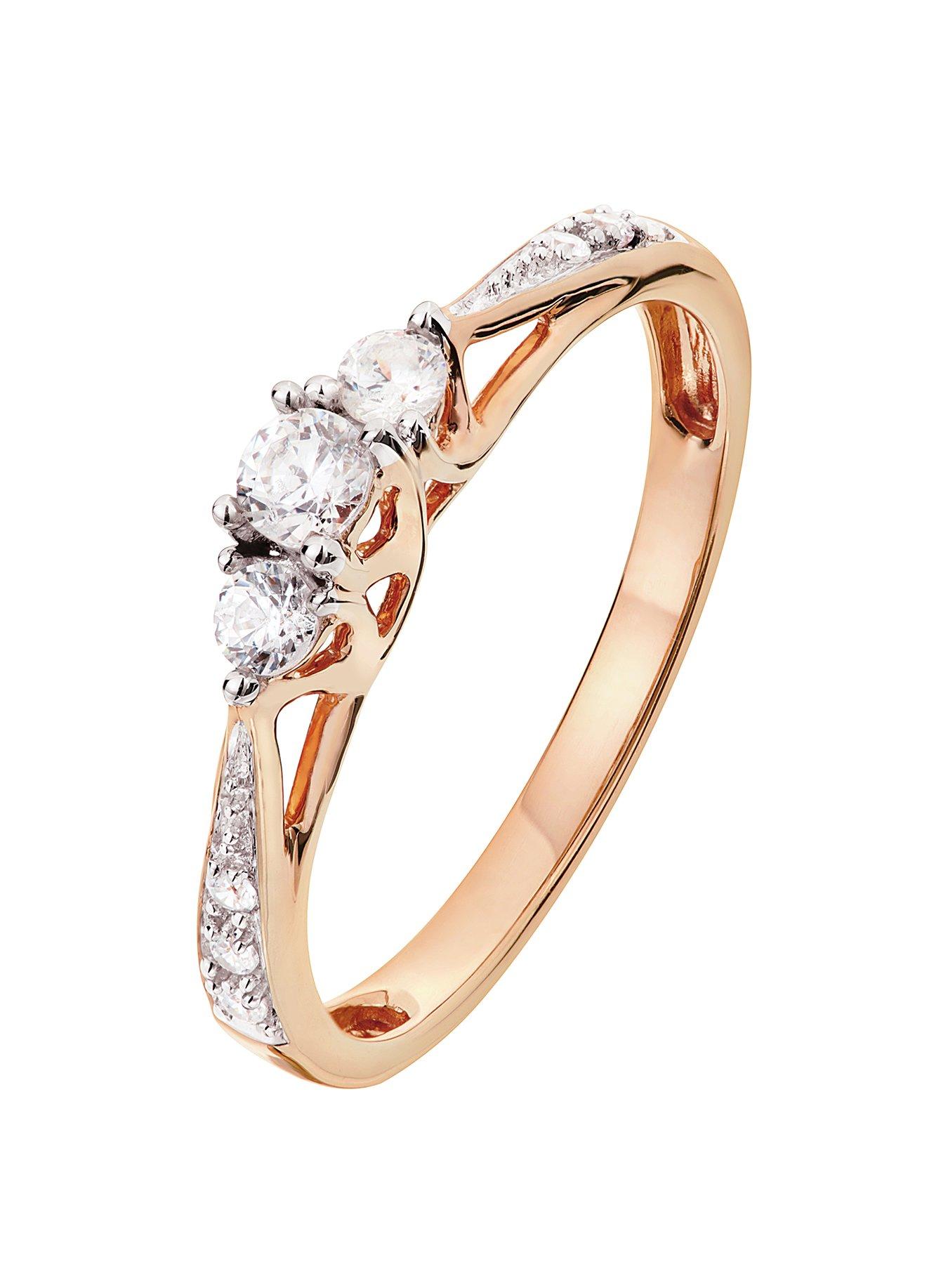 Product photograph of Love Diamond 9ct Rose Gold 0 25ct Three-stone Diamond Ring With Heart Detail On Shank from very.co.uk