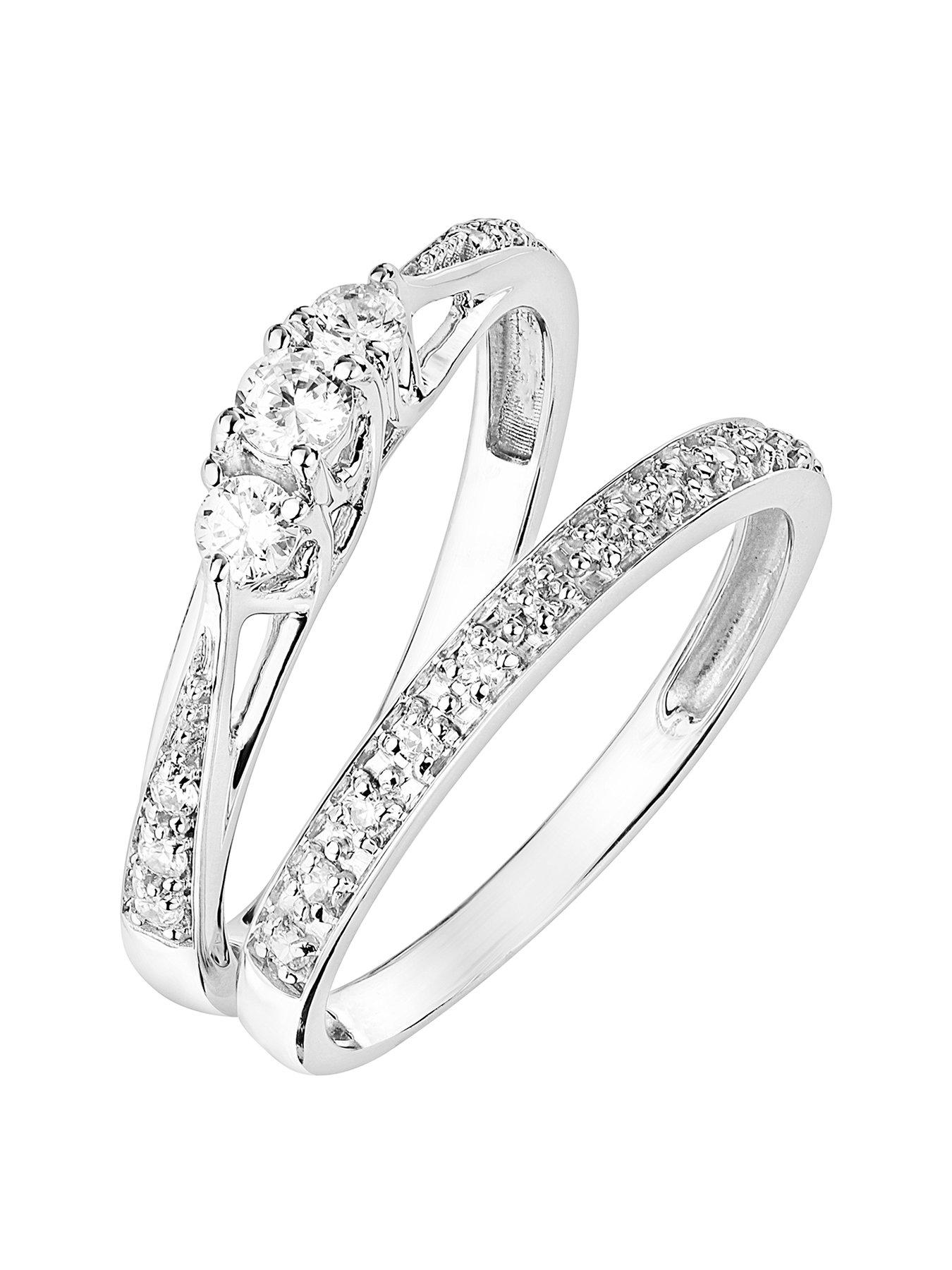 Women 9ct White Gold 0.23ct Three-Stone Diamond Ring and 9ct White Gold 0.07ct Wedding Band Bridal Set