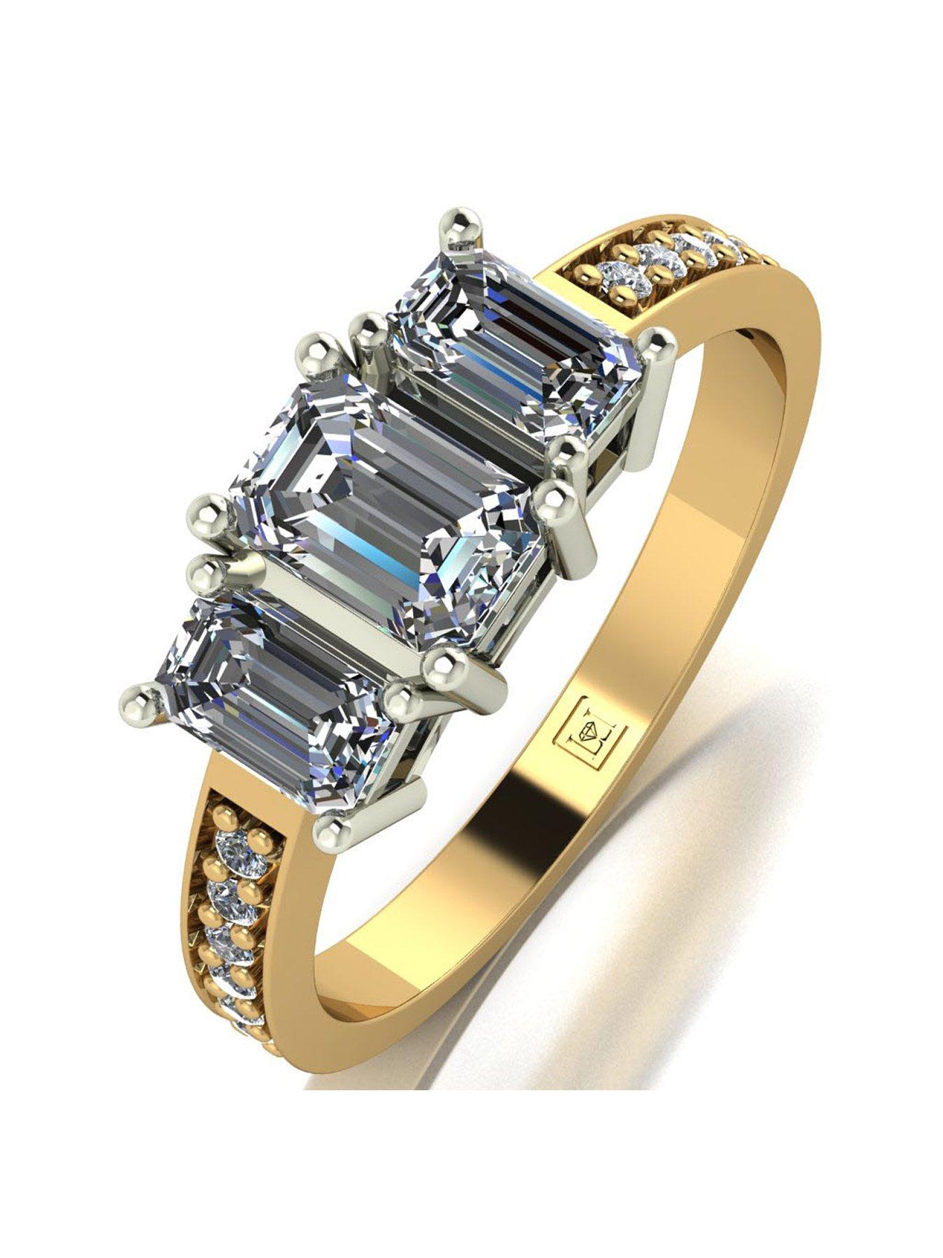 Product photograph of Moissanite Lady Lynsey 9ct Gold 1 20ct Shoulder Set Emerald Cut Trilogy Ring from very.co.uk