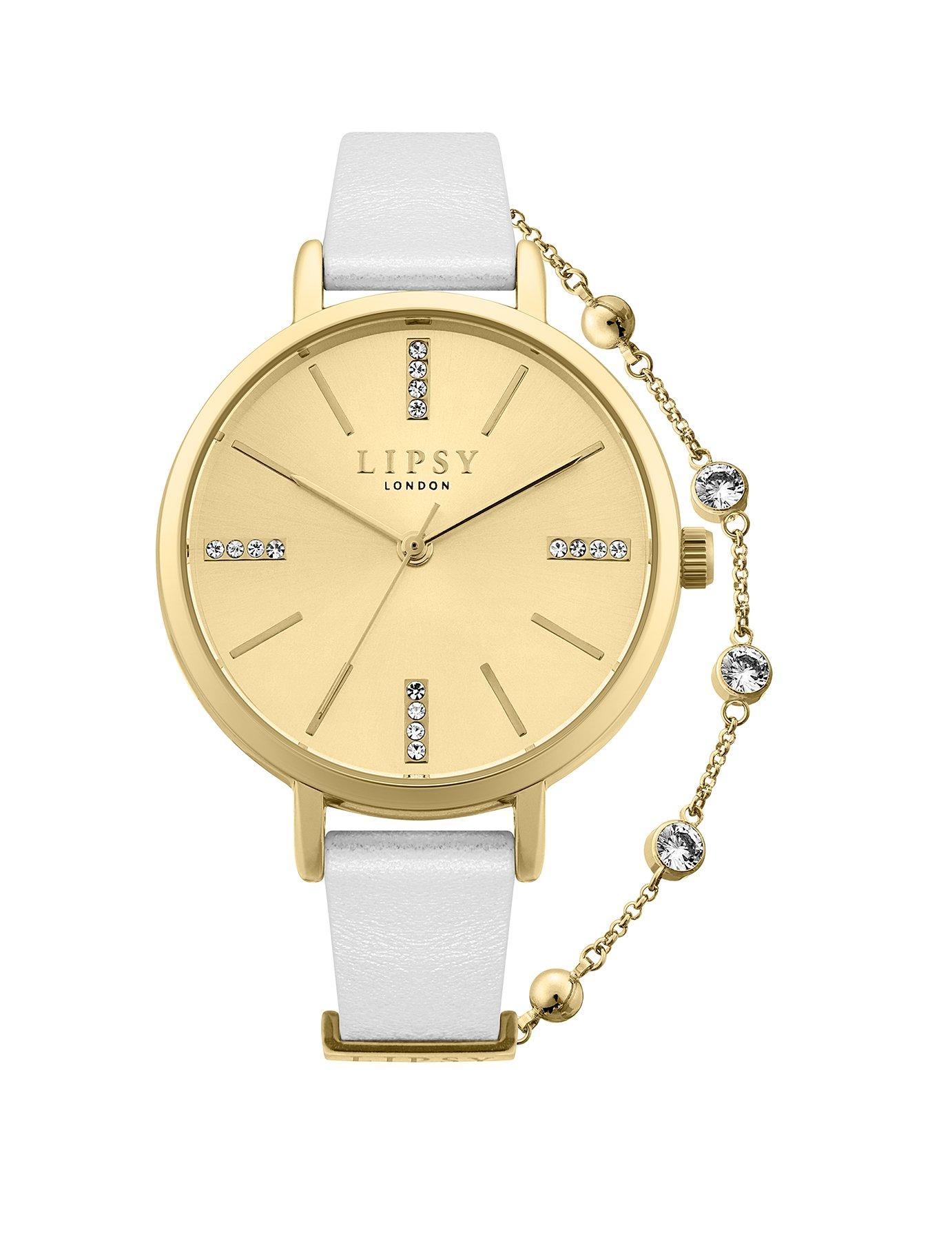 Lipsy Lipsy Pearlised White Strap With Pale Champagne Gold Sunray Dial And Clear Crystals On Hour Markers And On Chain Bracelet Of Strap review