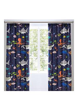 Product photograph of Bedlam Sea Life Glow In The Dark Lined Pleated Curtains from very.co.uk