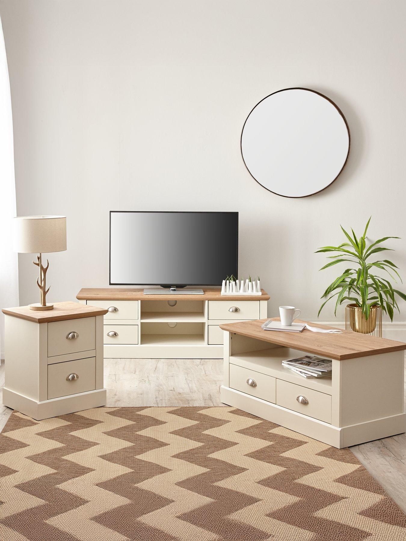 The Very Collection Crawford 3 Piece Package - TV Unit, Coffee Table and Lamp Table - Ivory/Oak Effect