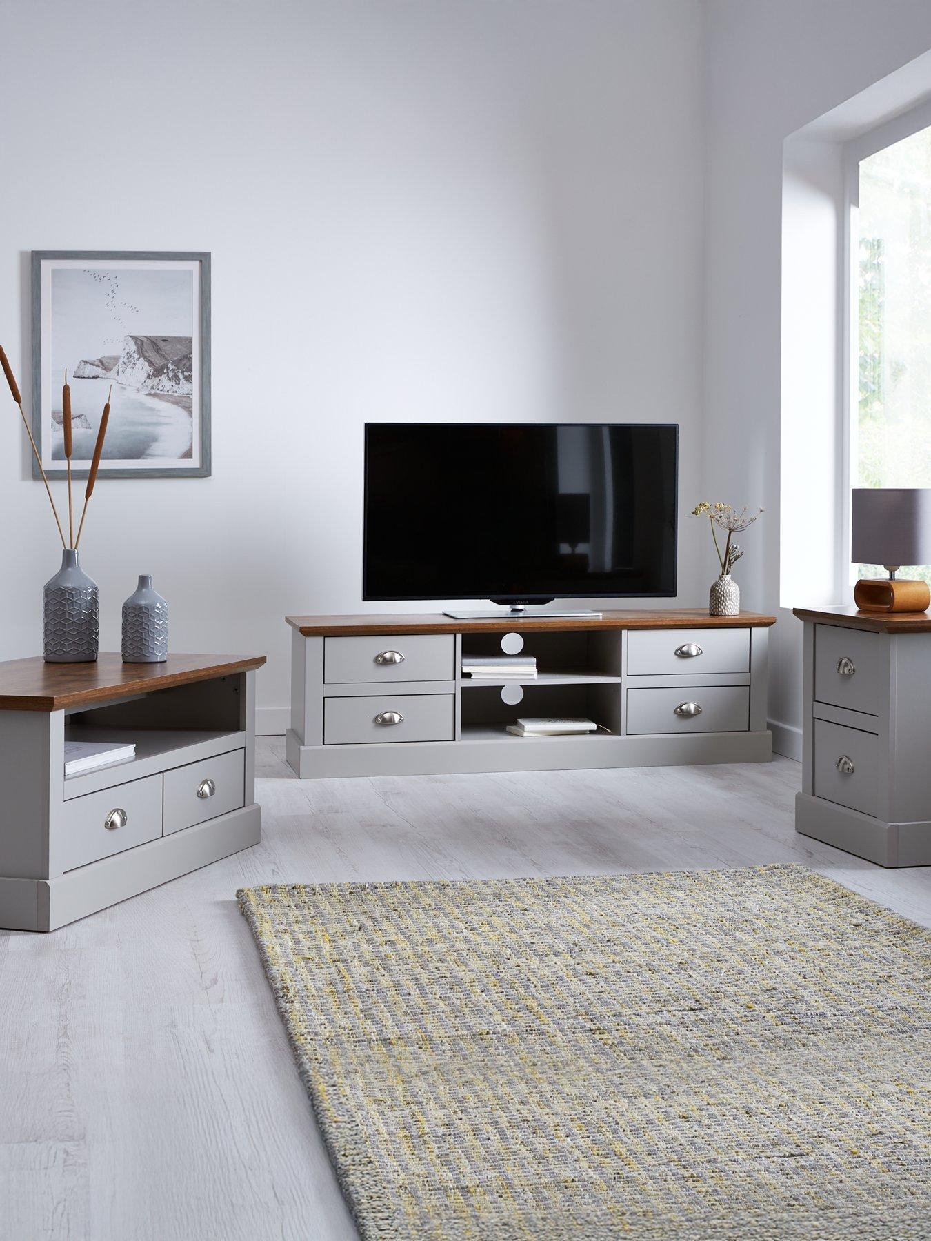 undefined Crawford 3 Piece Package - TV Unit, Coffee Table and Lamp Table - Grey/Dark Oak Effect