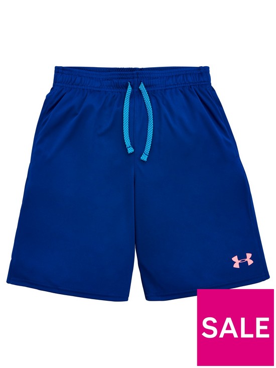 front image of under-armour-childrensnbsptech-colorblock-short-sleeved-t-shirt-and-prototype-short-set-navy-pink